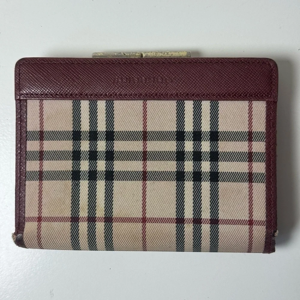 Burberry Women’s Classic Nova Check Burgundy Bi Fold Wallet With Gold Clasp